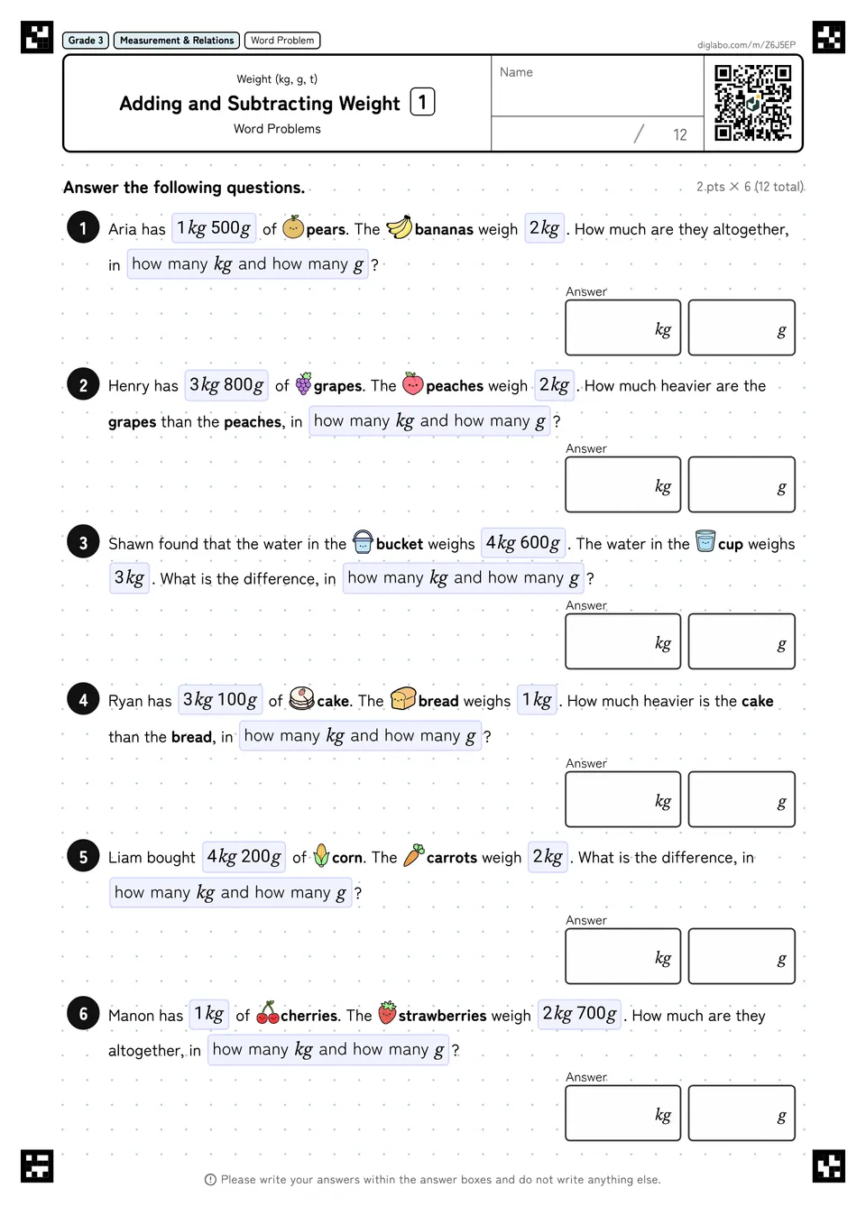 Grade 3 (Elementary School) Weight (kg, g, t) Adding and Subtracting Weight