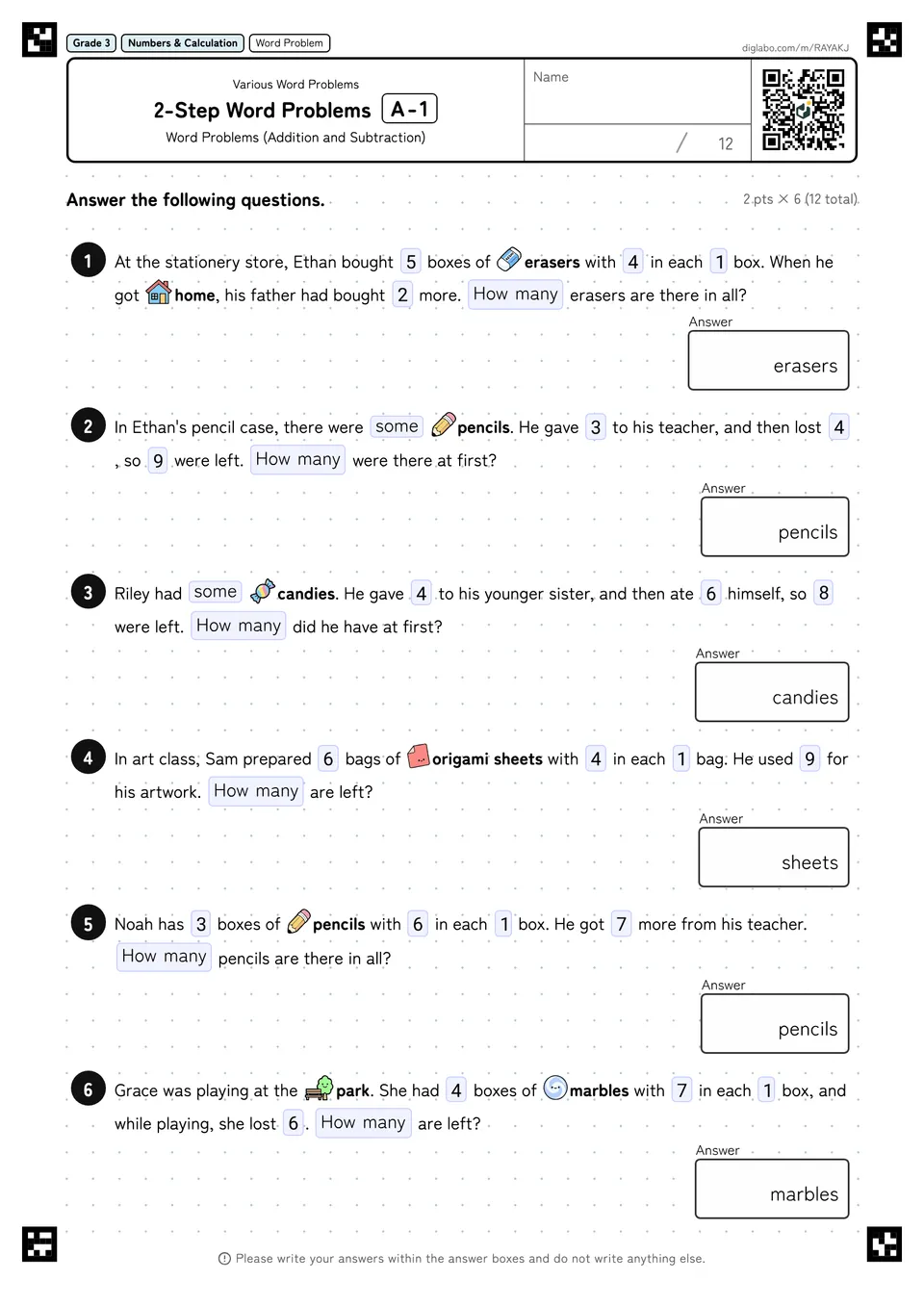 Grade 3 (Elementary School) Various Word Problems 2-Step Word Problems