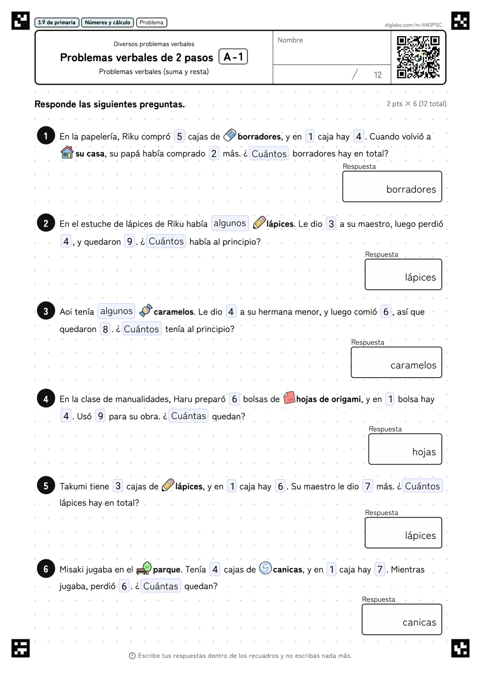3.º de primaria Diversos problemas verbales Problemas verbales de 2 pasos
