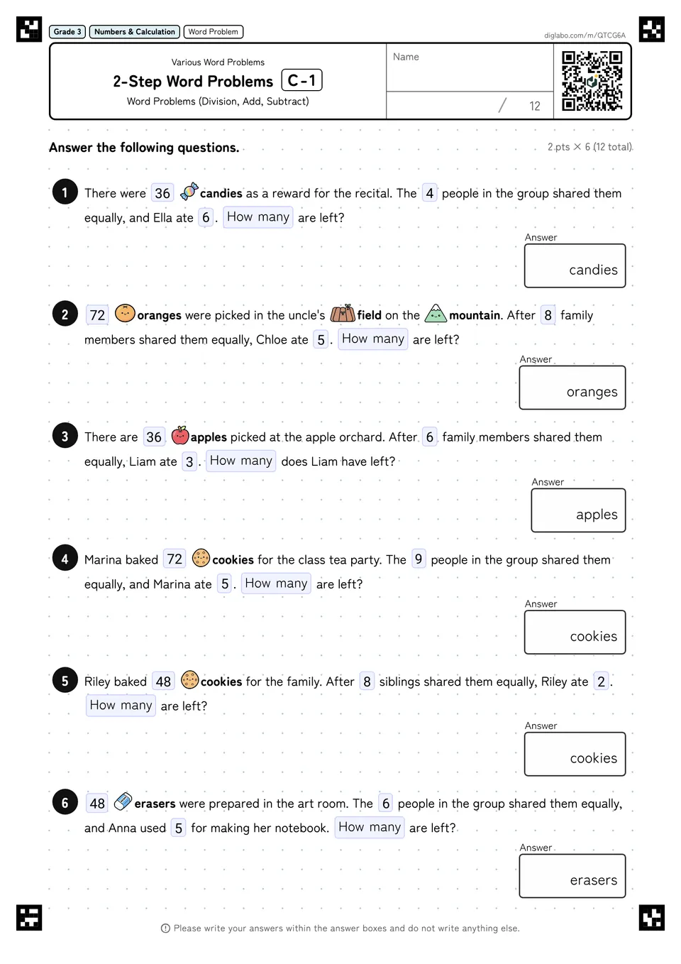 Grade 3 (Elementary School) Various Word Problems 2-Step Word Problems