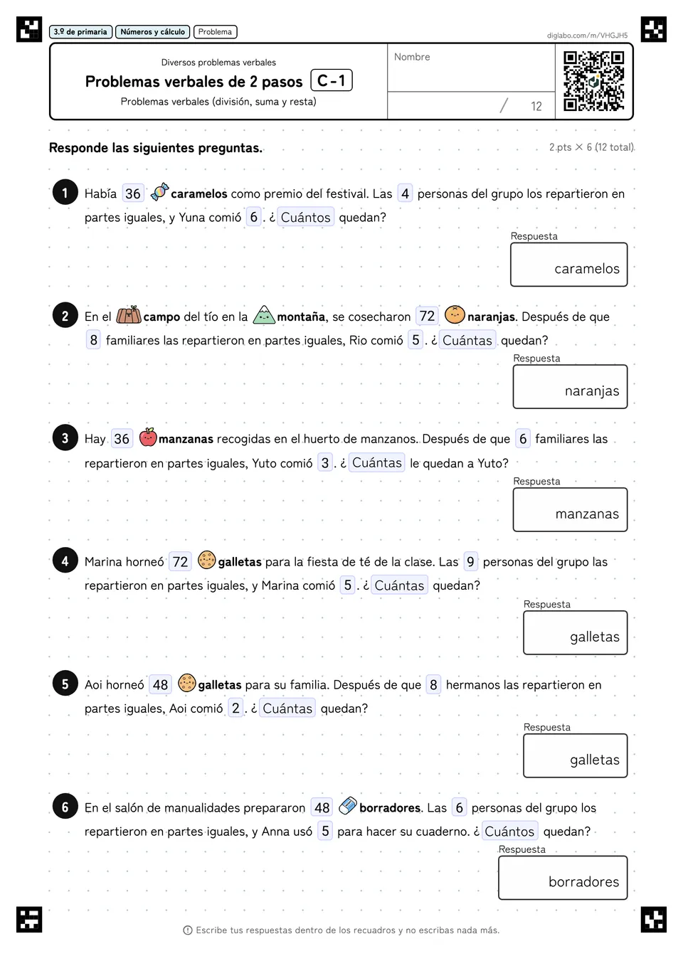 3.º de primaria Diversos problemas verbales Problemas verbales de 2 pasos