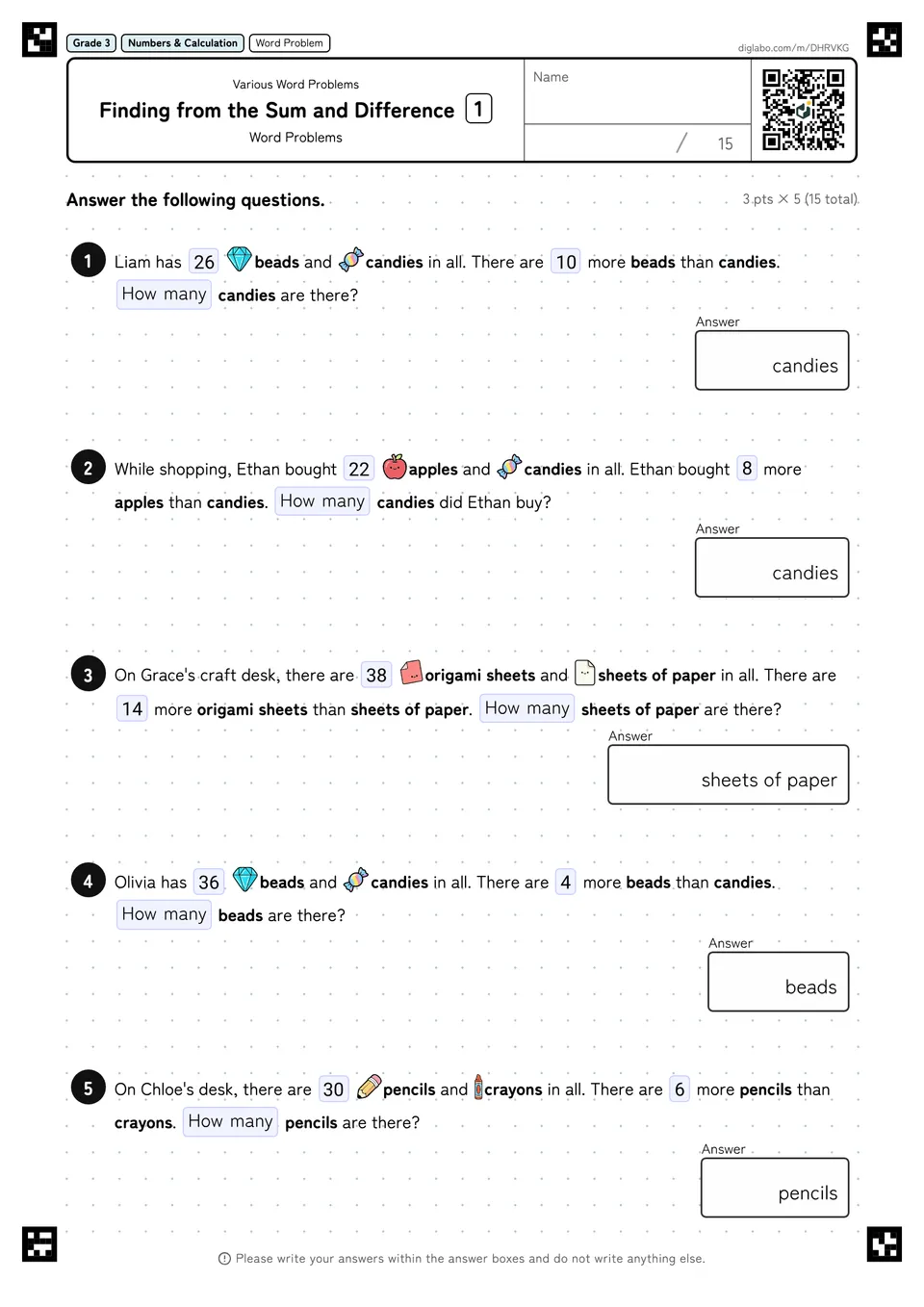 Grade 3 (Elementary School) Various Word Problems Finding from the Sum and Difference