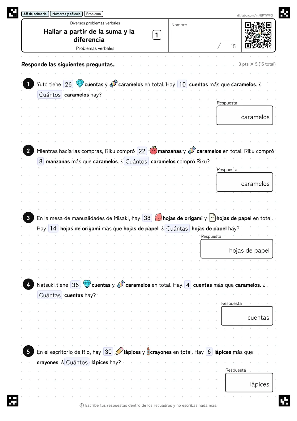 3.º de primaria Diversos problemas verbales Hallar a partir de la suma y la diferencia
