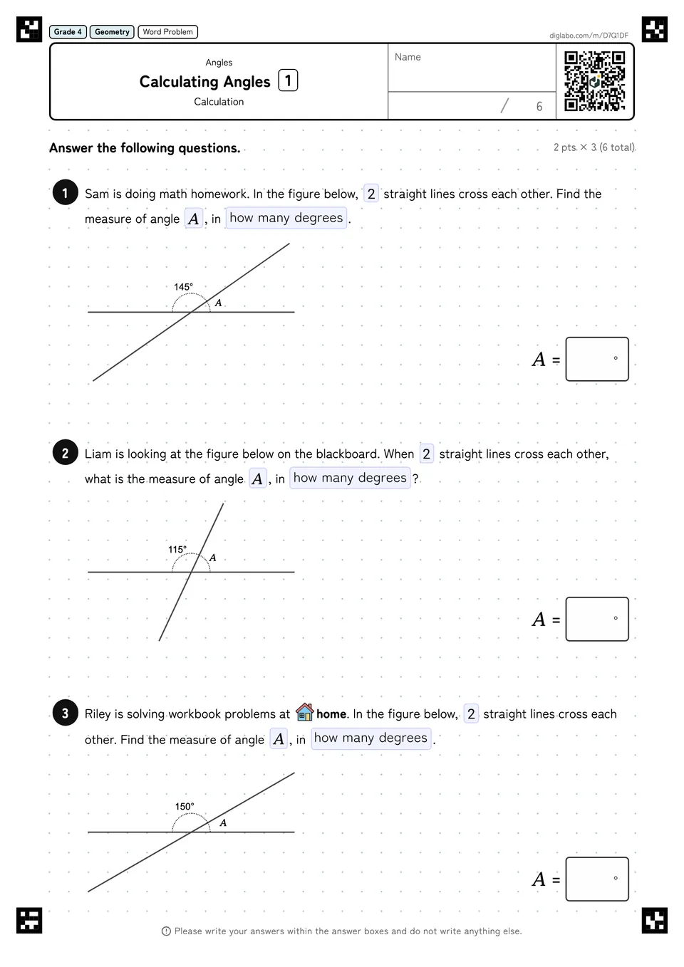 Grade 4 (Elementary School) Angles Calculating Angles