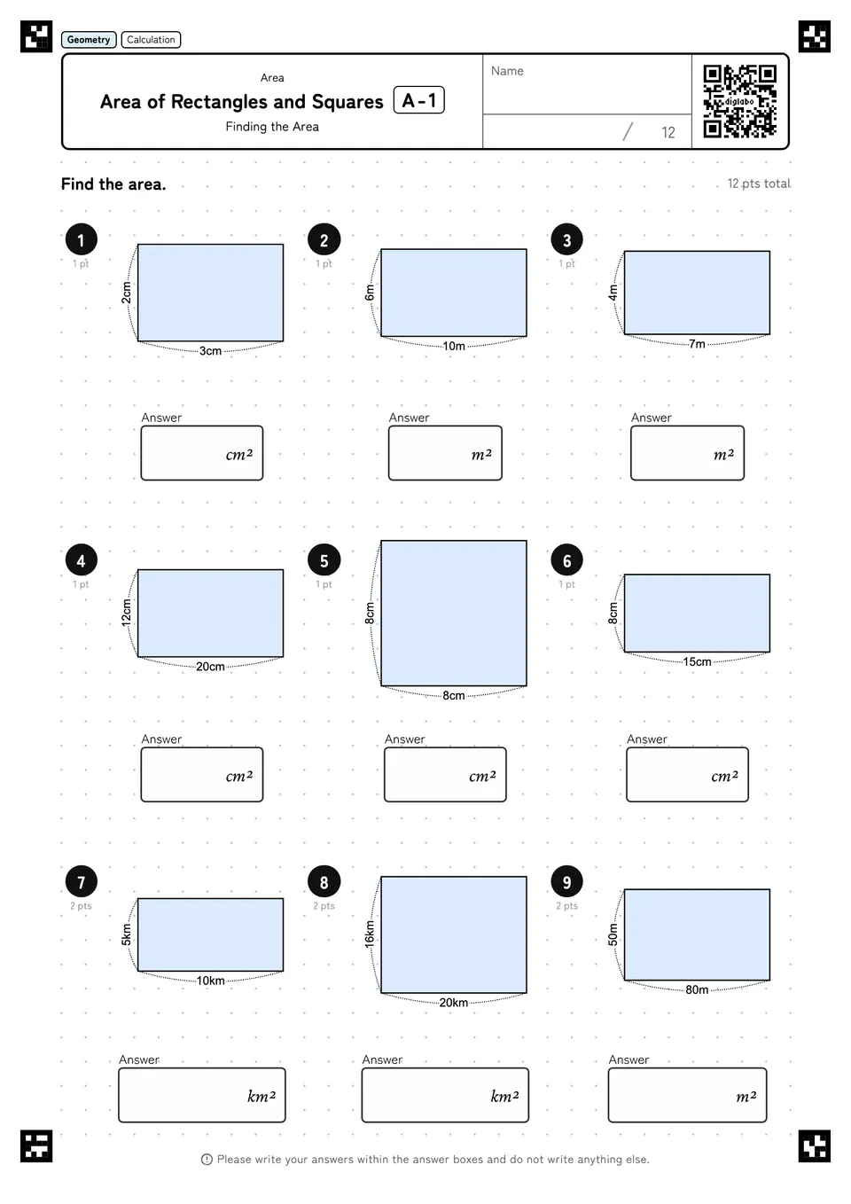 Area of Rectangles and Squares A-1