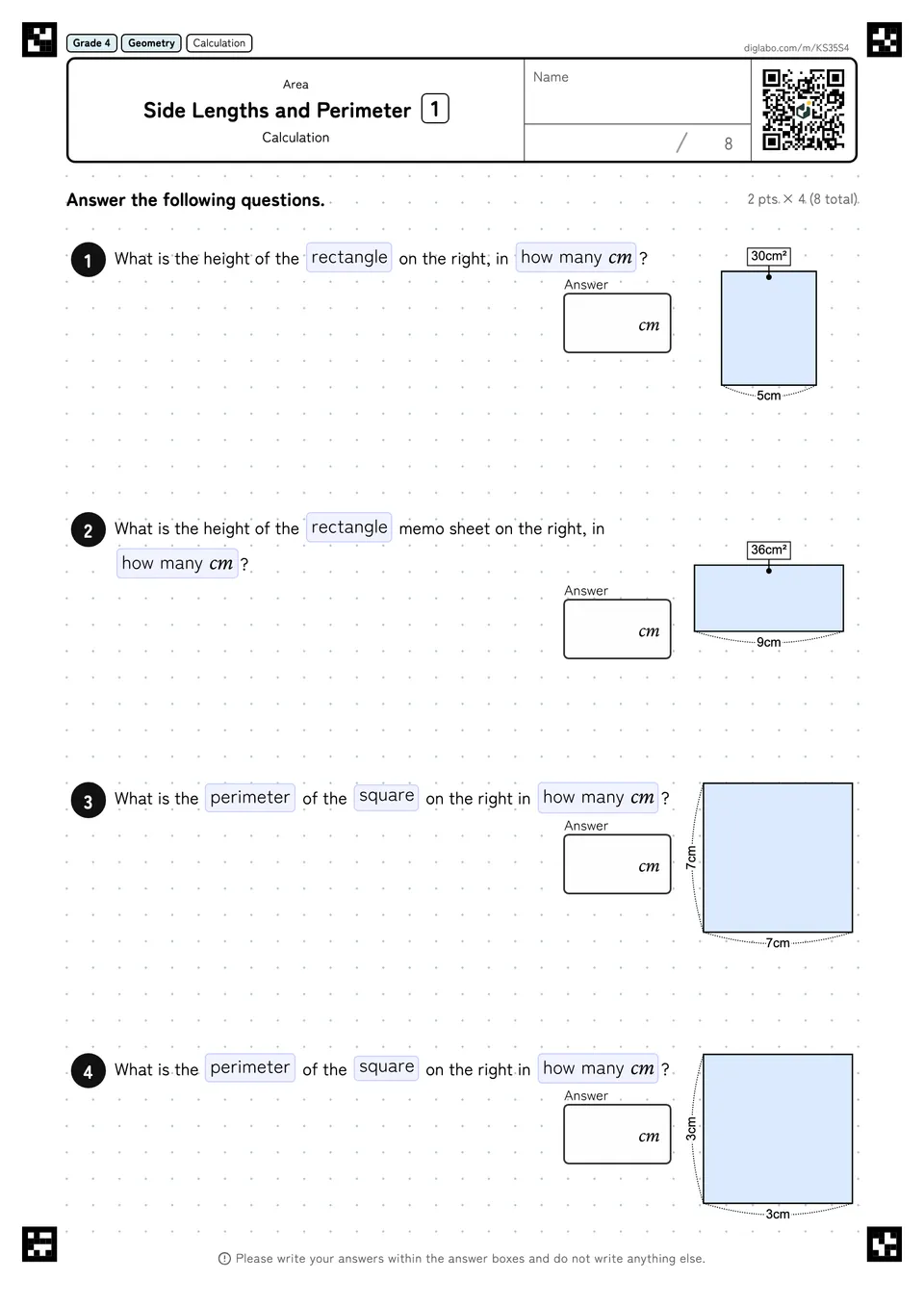 Grade 4 (Elementary School) Area Side Lengths and Perimeter