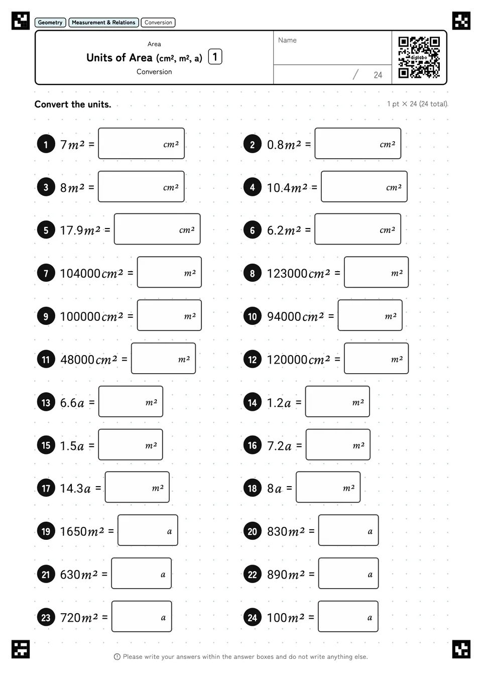 Units of Area (cm², m², a) 1