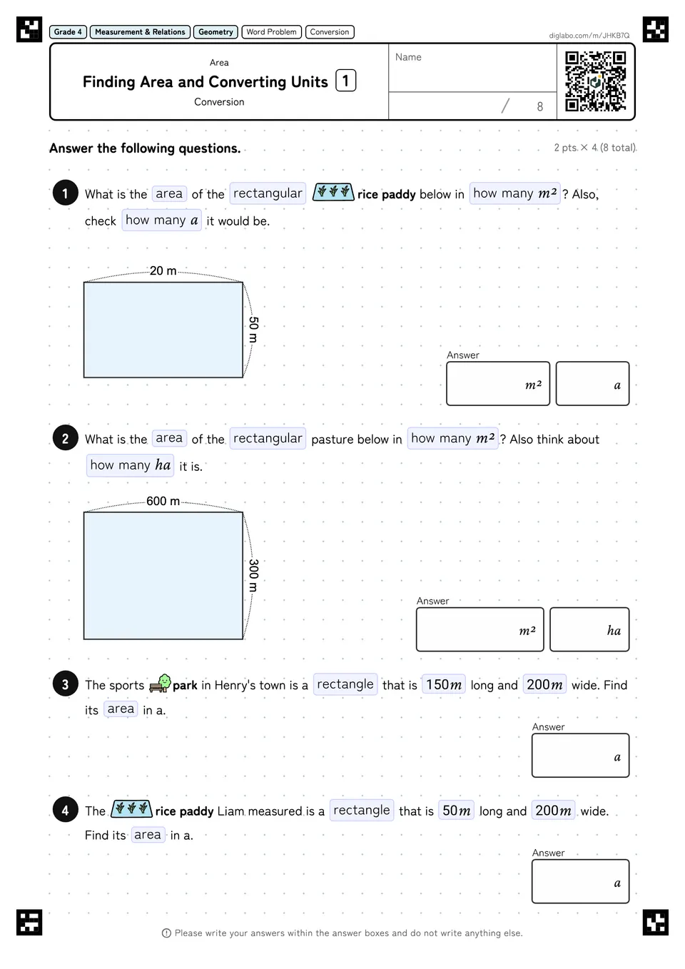Grade 4 (Elementary School) Area Finding Area and Converting Units