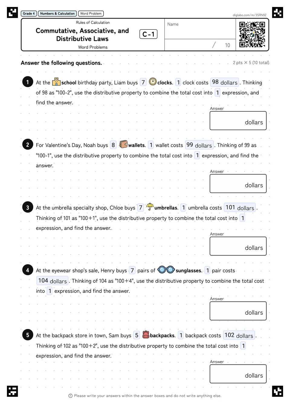 Grade 4 (Elementary School) Rules of Calculation Commutative, Associative, and Distributive Laws