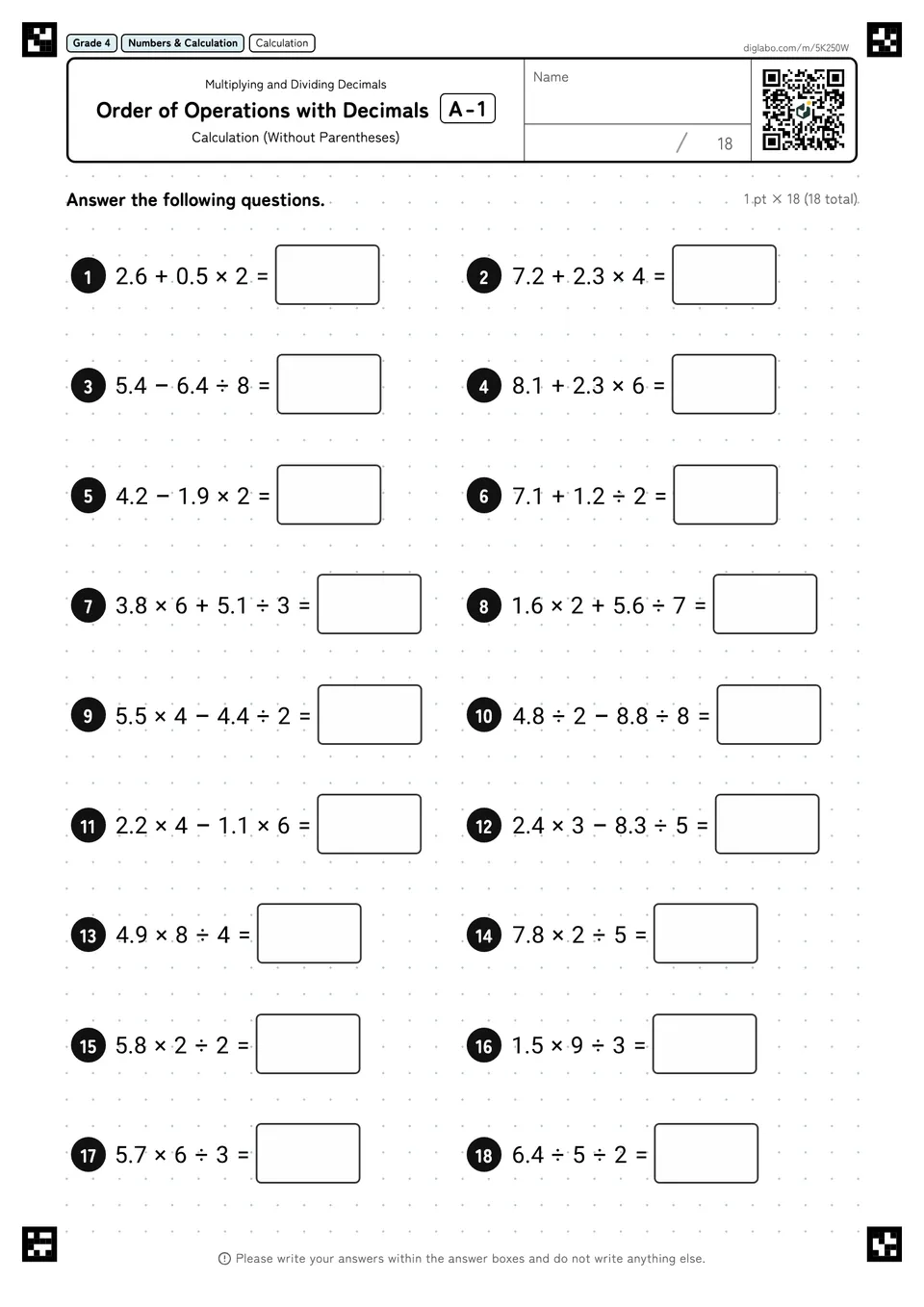 Grade 4 (Elementary School) Multiplying and Dividing Decimals Order of Operations with Decimals
