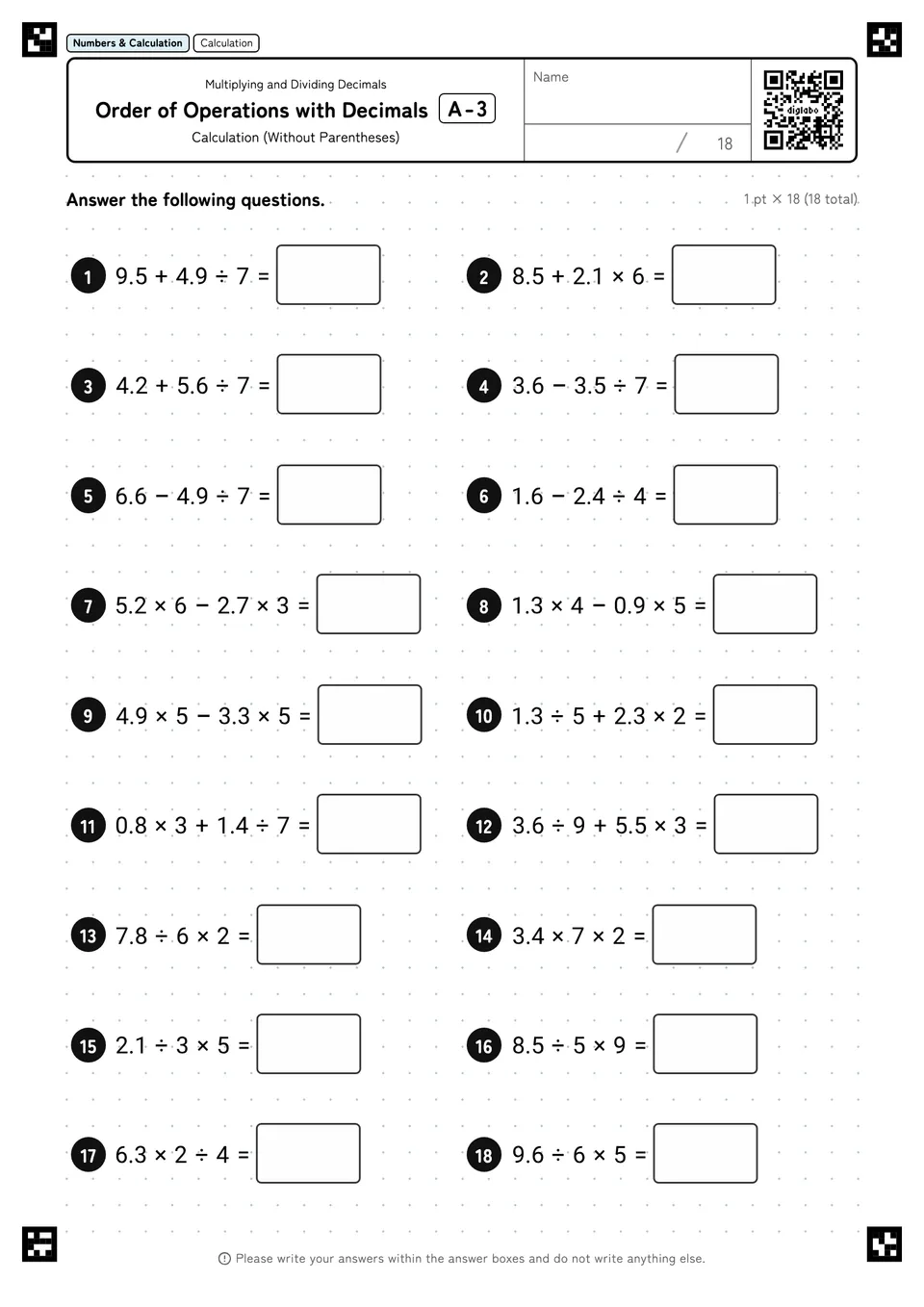 Order of Operations with Decimals A-3