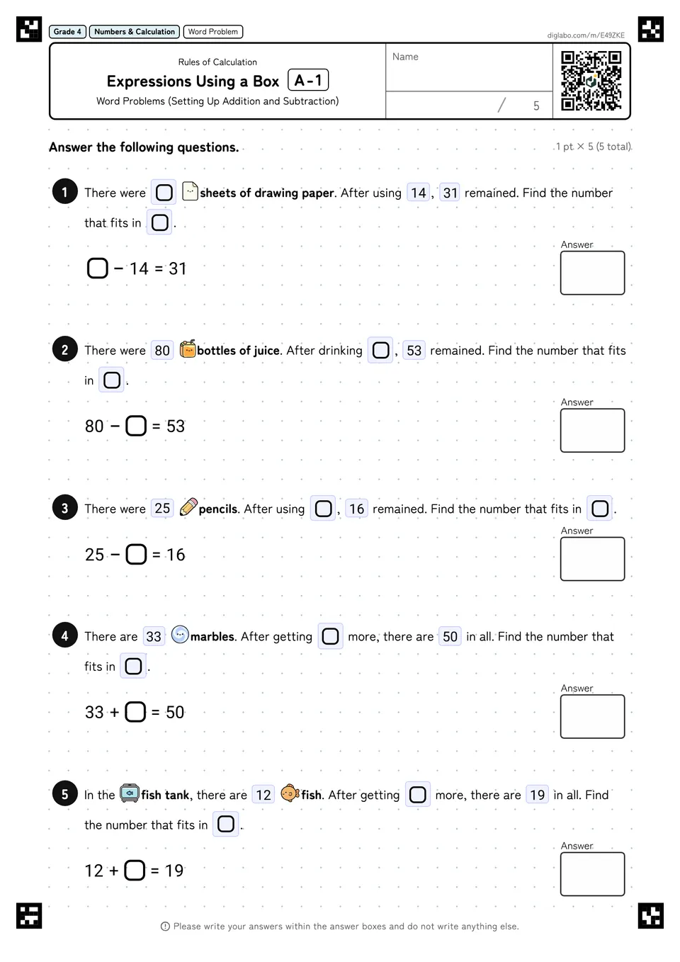 Grade 4 (Elementary School) Rules of Calculation Expressions Using a Box