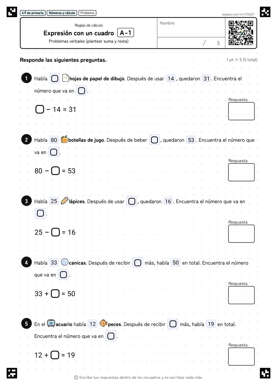 4.º de primaria Reglas de cálculo Expresión con un cuadro