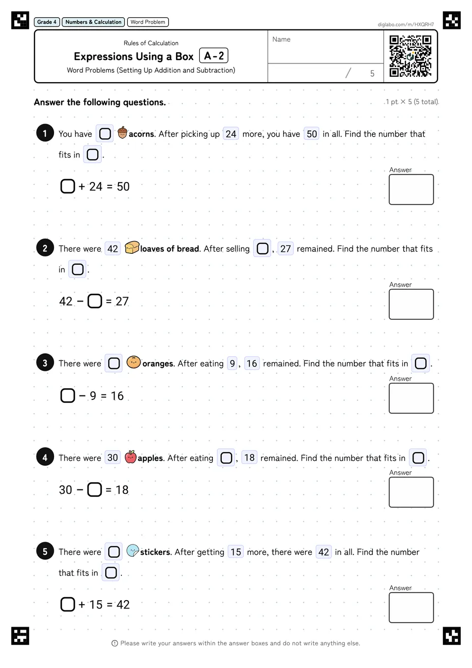 Grade 4 (Elementary School) Rules of Calculation Expressions Using a Box