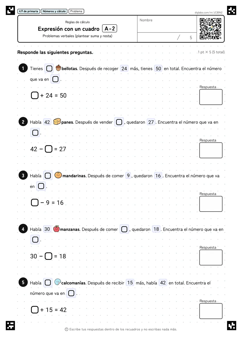 4.º de primaria Reglas de cálculo Expresión con un cuadro
