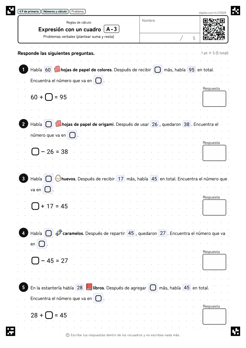 4.º de primaria Reglas de cálculo Expresión con un cuadro