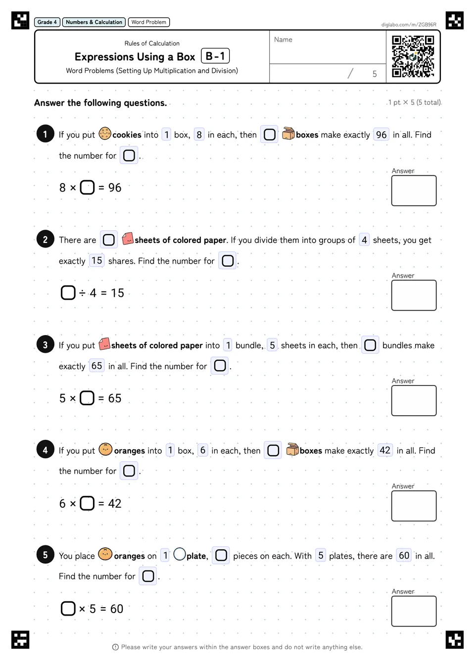 Grade 4 (Elementary School) Rules of Calculation Expressions Using a Box