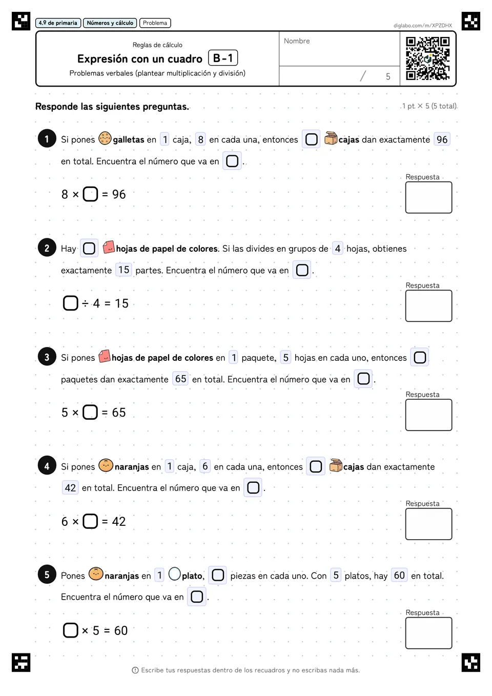 4.º de primaria Reglas de cálculo Expresión con un cuadro