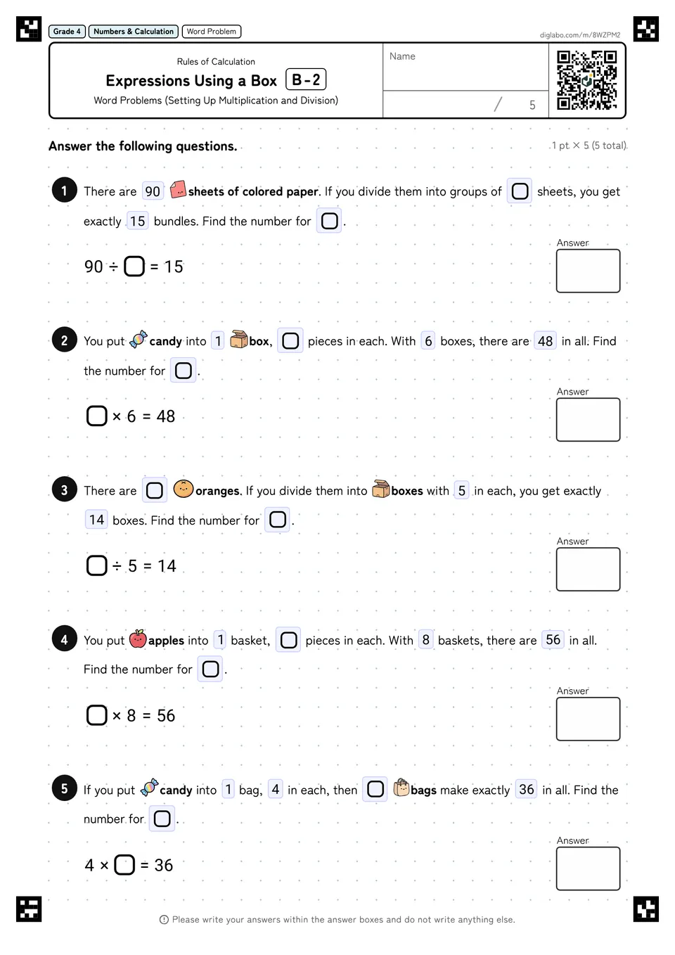 Grade 4 (Elementary School) Rules of Calculation Expressions Using a Box
