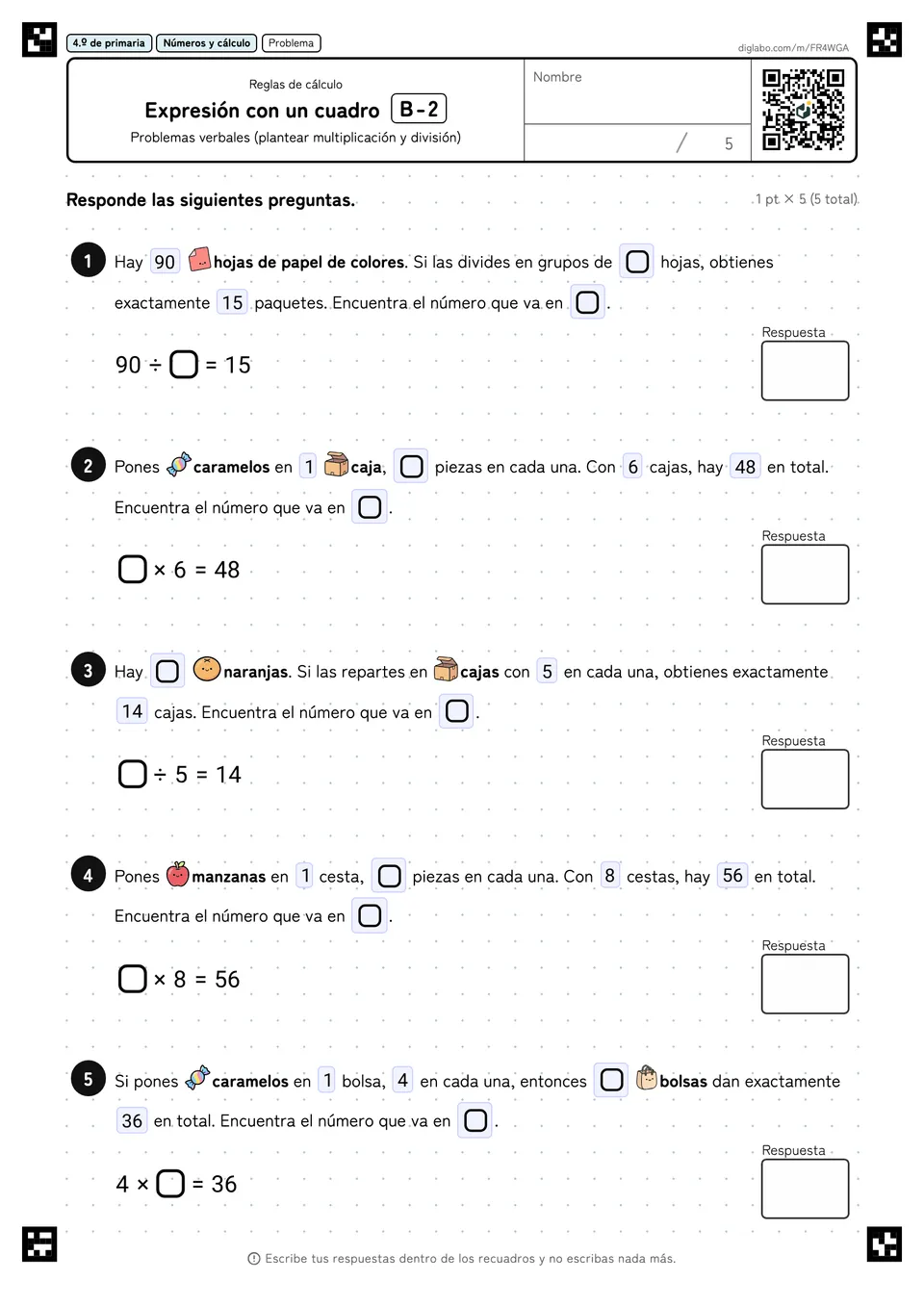 4.º de primaria Reglas de cálculo Expresión con un cuadro