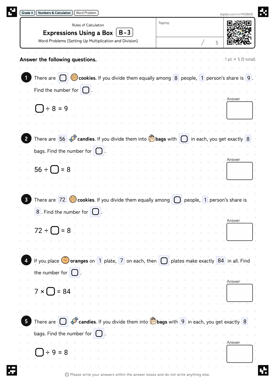 Grade 4 (Elementary School) Rules of Calculation Expressions Using a Box