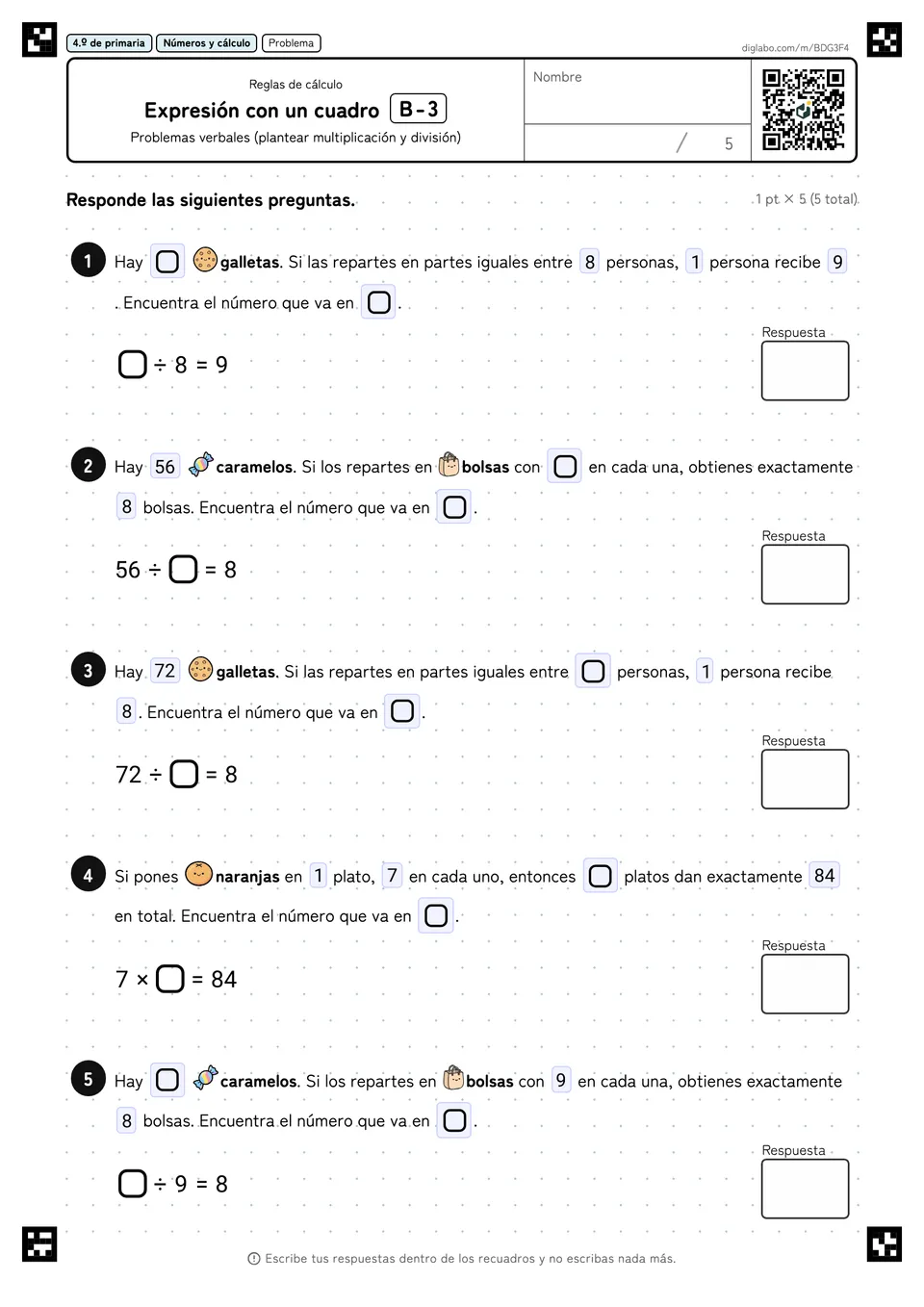 4.º de primaria Reglas de cálculo Expresión con un cuadro