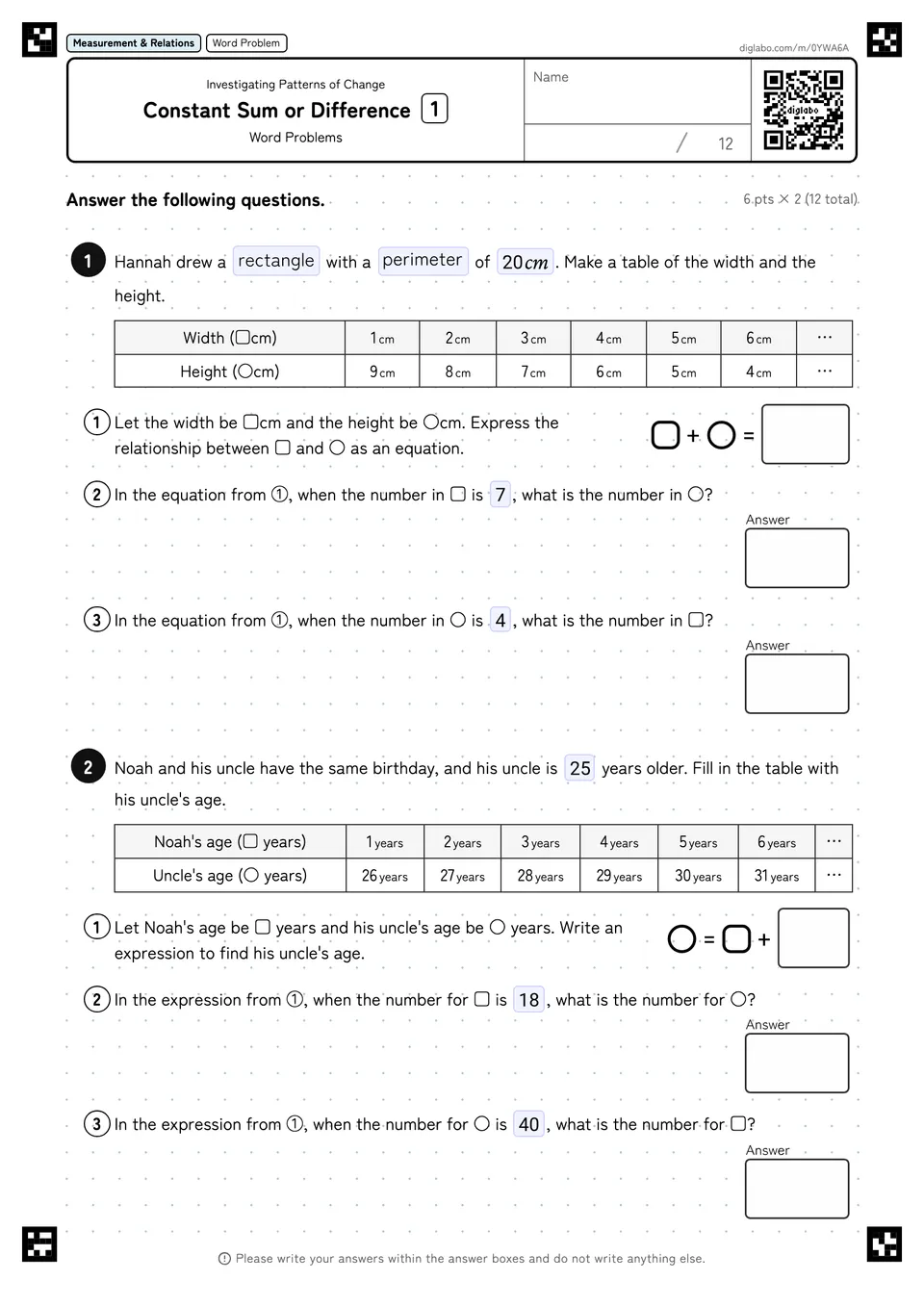 Constant Sum or Difference 1