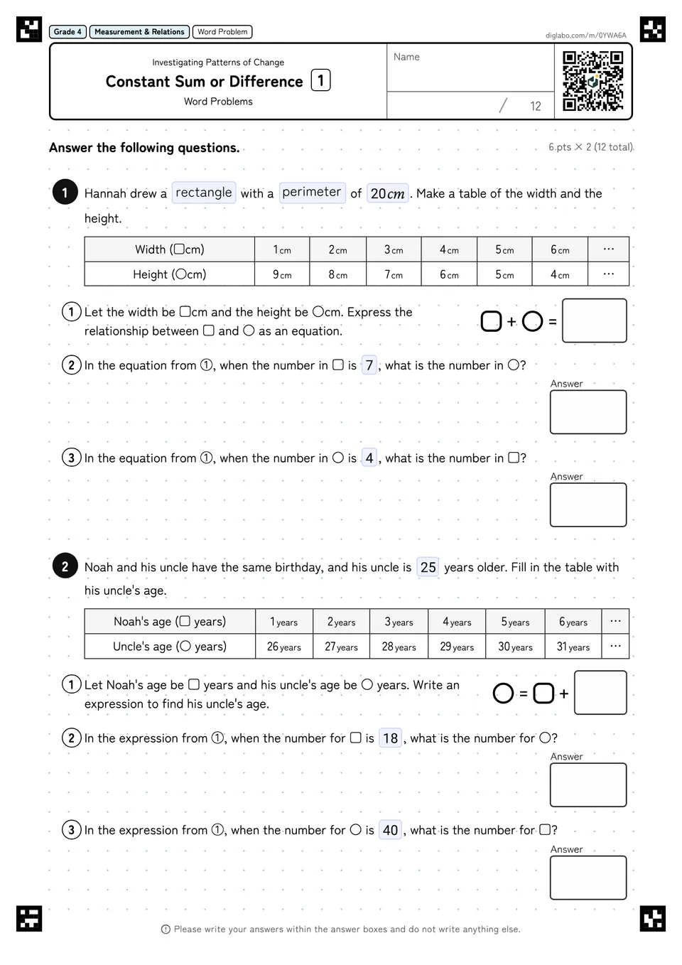 Grade 4 (Elementary School) Investigating Patterns of Change Constant Sum or Difference
