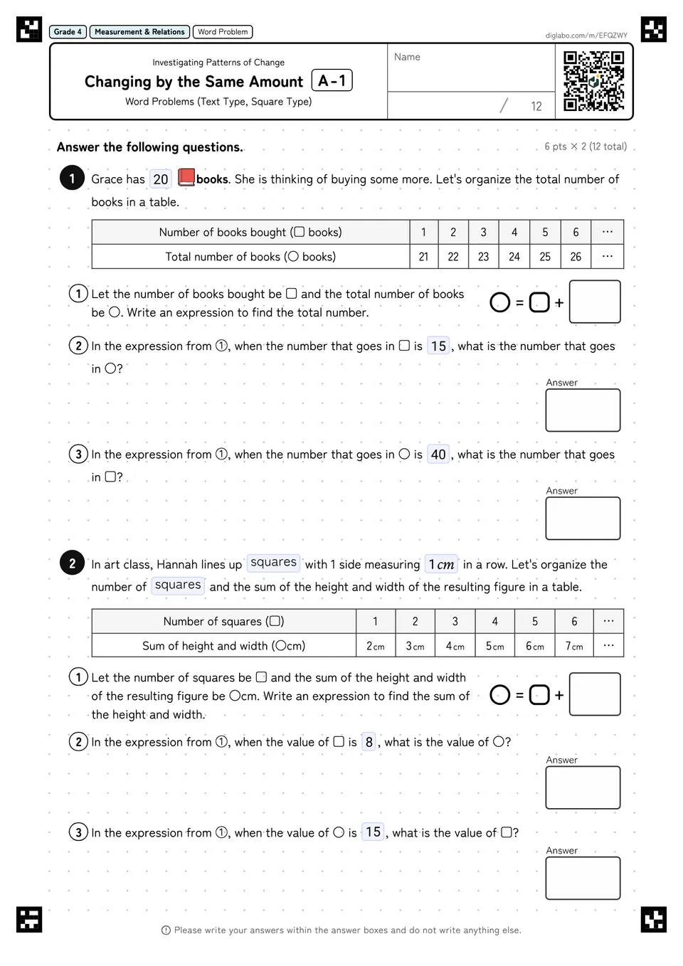 Grade 4 (Elementary School) Investigating Patterns of Change Changing by the Same Amount