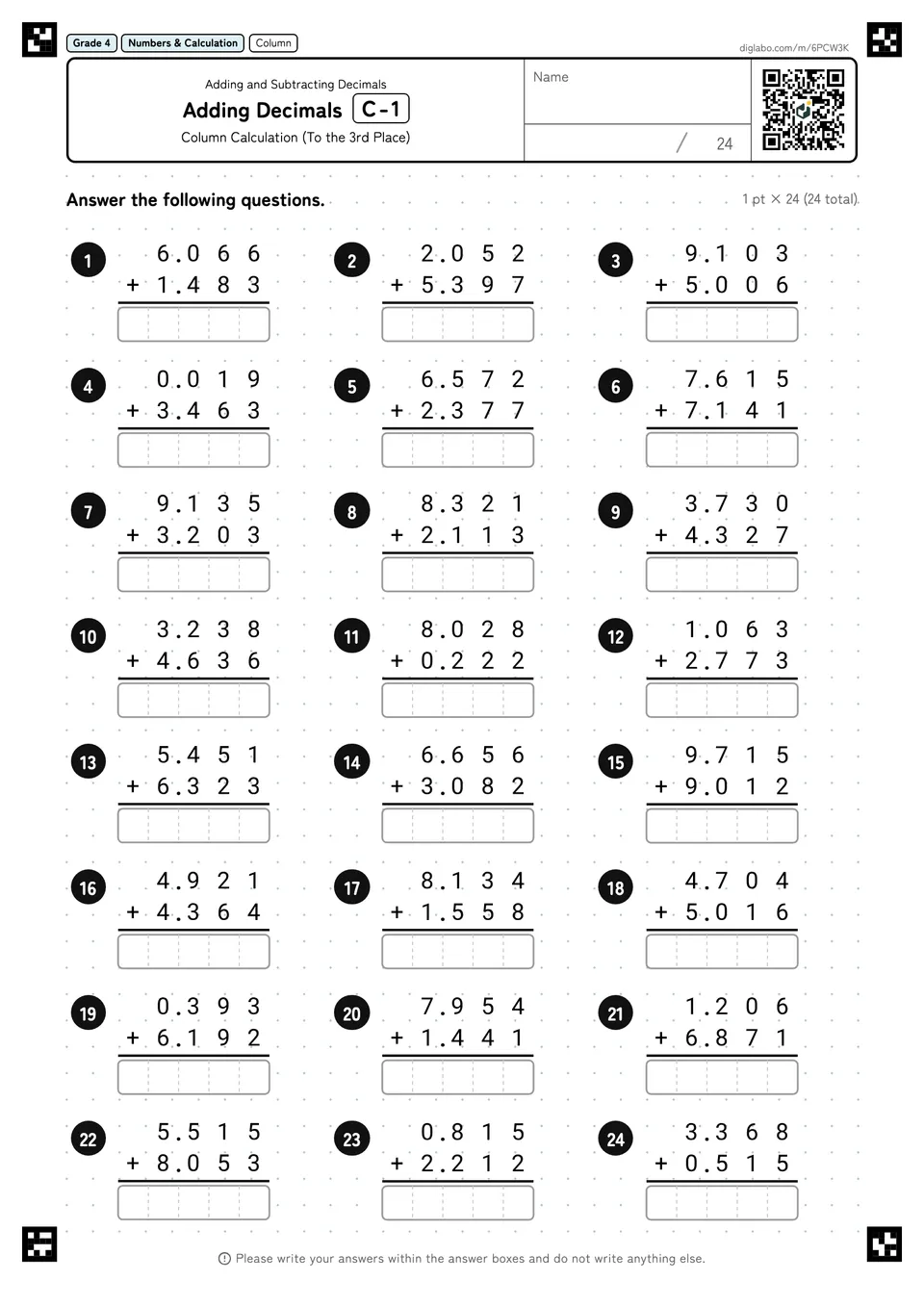 Grade 4 (Elementary School) Adding and Subtracting Decimals Adding Decimals
