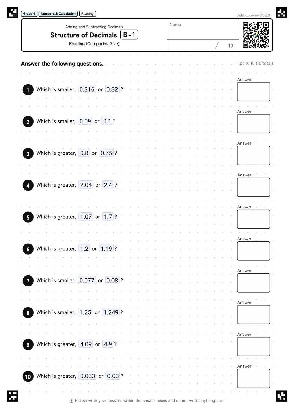 Grade 4 (Elementary School) Adding and Subtracting Decimals Structure of Decimals