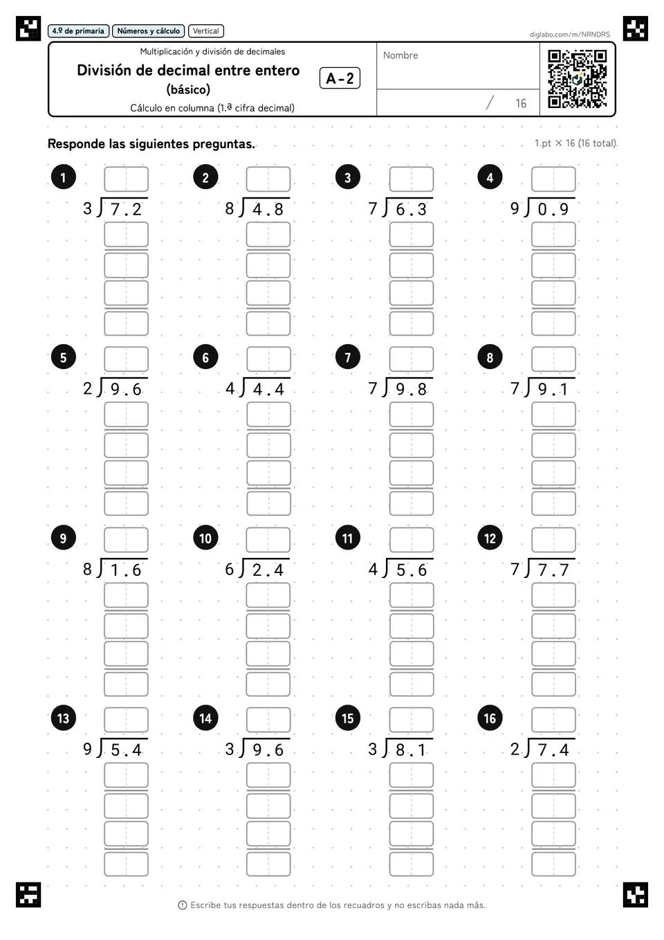 4.º de primaria Multiplicación y división de decimales División de decimal entre entero (básico)