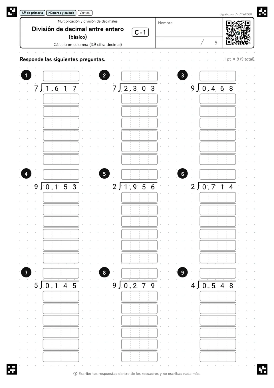 4.º de primaria Multiplicación y división de decimales División de decimal entre entero (básico)