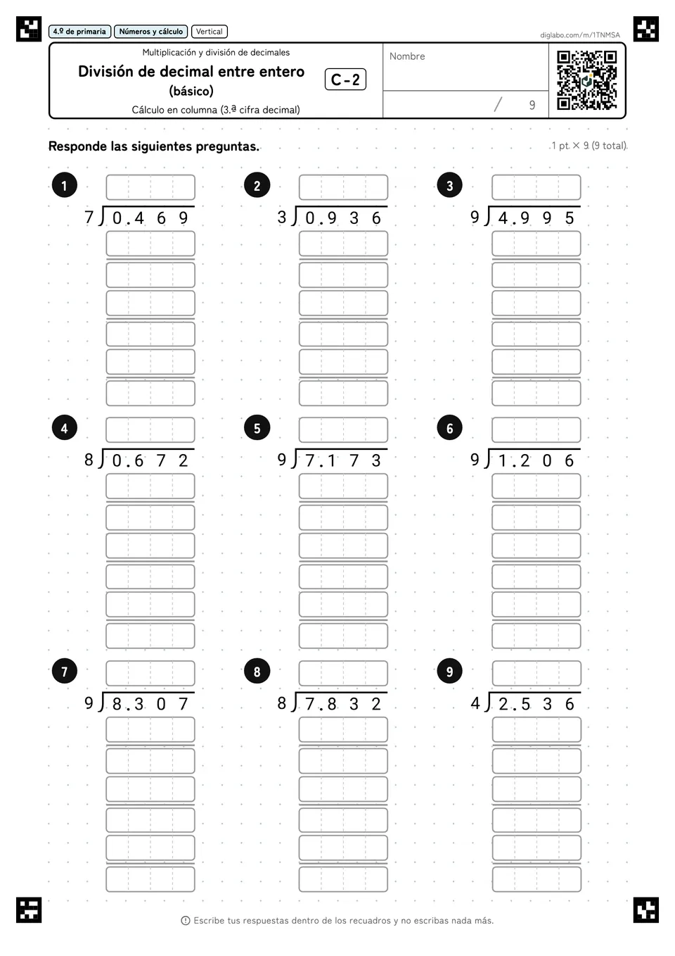 4.º de primaria Multiplicación y división de decimales División de decimal entre entero (básico)