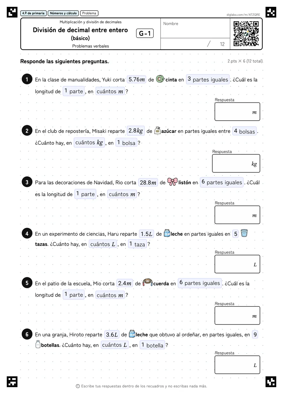 4.º de primaria Multiplicación y división de decimales División de decimal entre entero (básico)