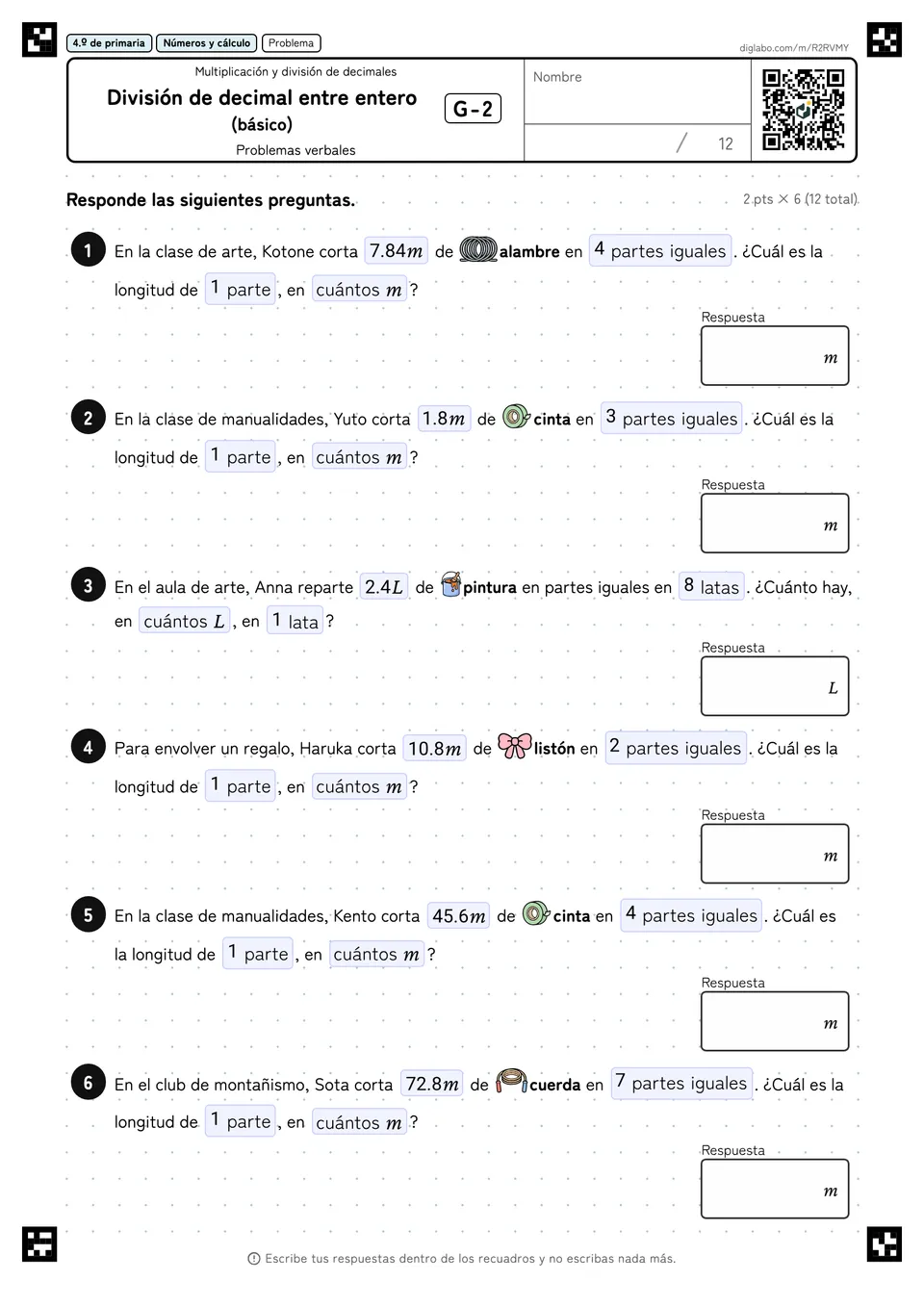 4.º de primaria Multiplicación y división de decimales División de decimal entre entero (básico)