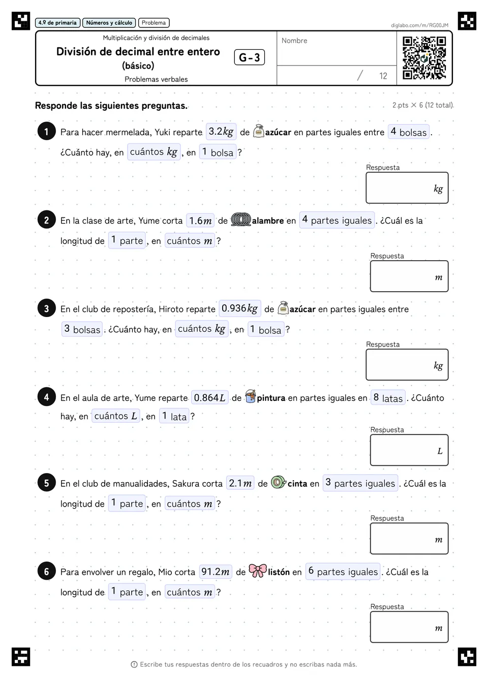 4.º de primaria Multiplicación y división de decimales División de decimal entre entero (básico)