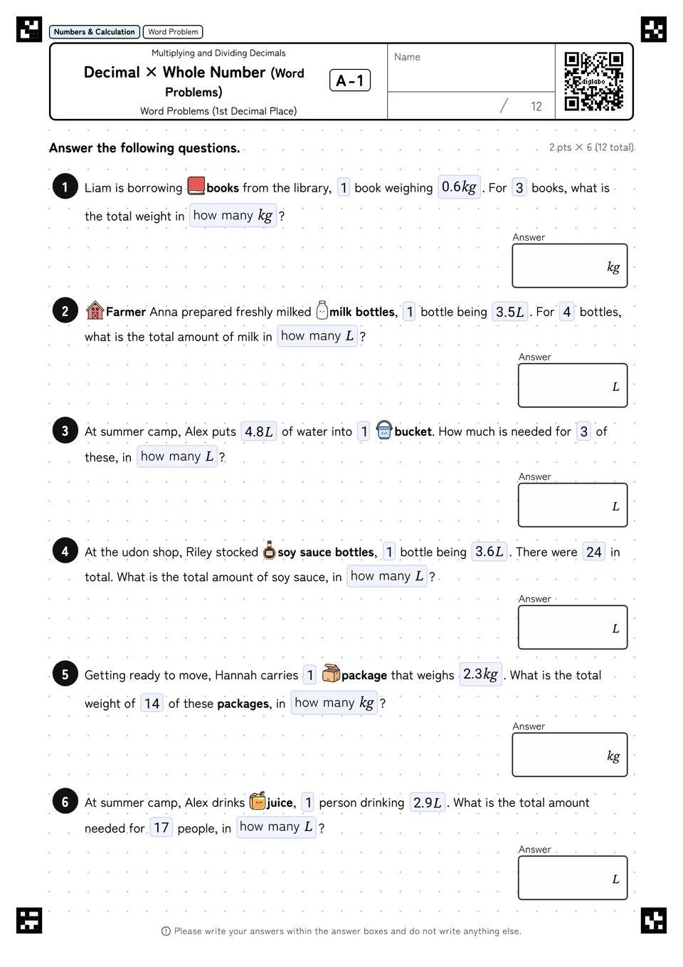 Decimal × Whole Number (Word Problems) A-1