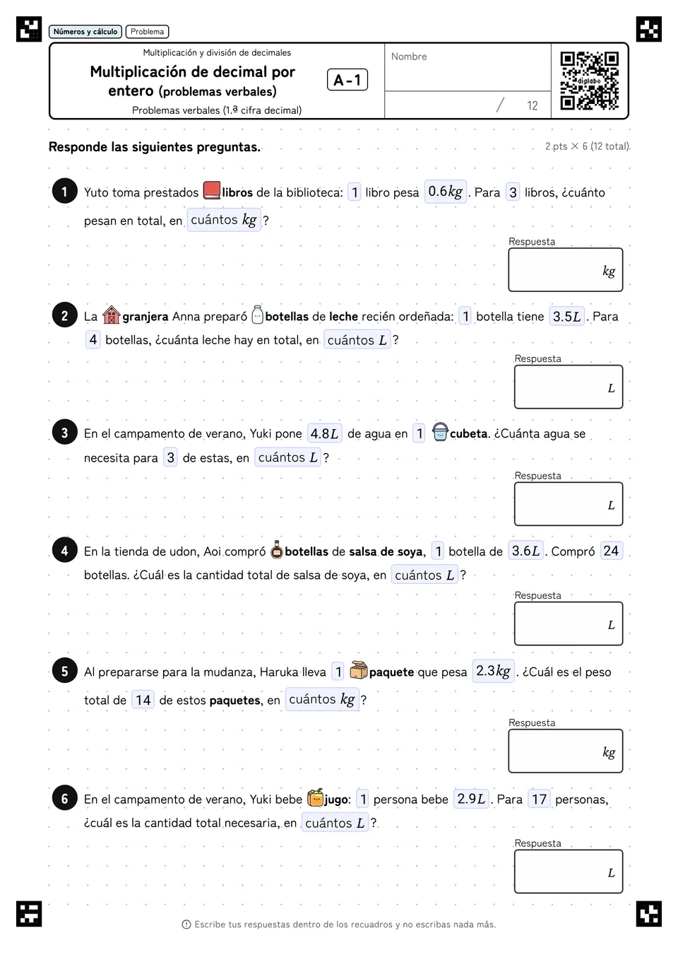 Multiplicación de decimal por entero (problemas verbales) A-1
