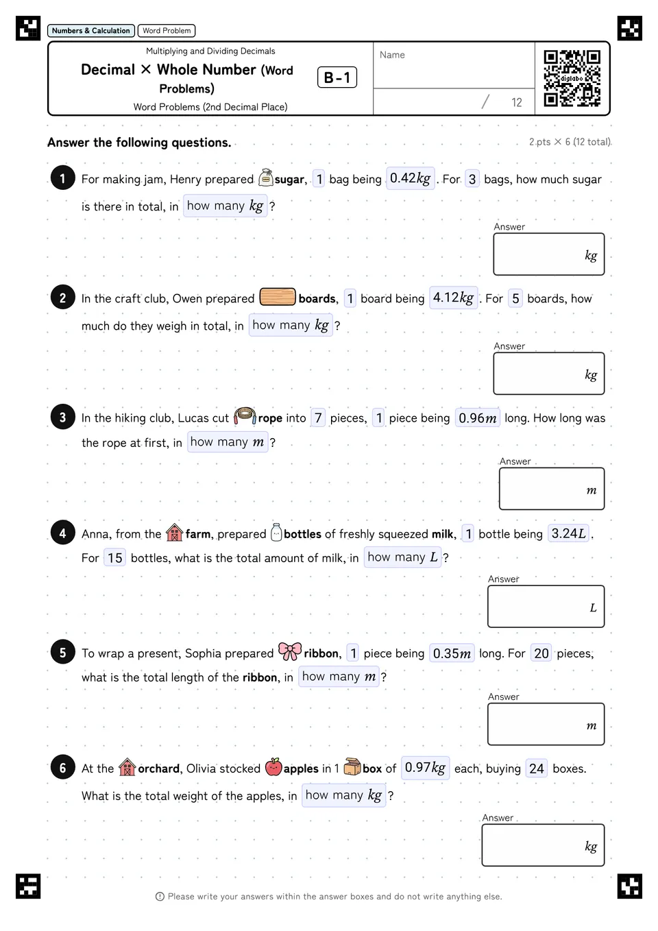 Decimal × Whole Number (Word Problems) B-1