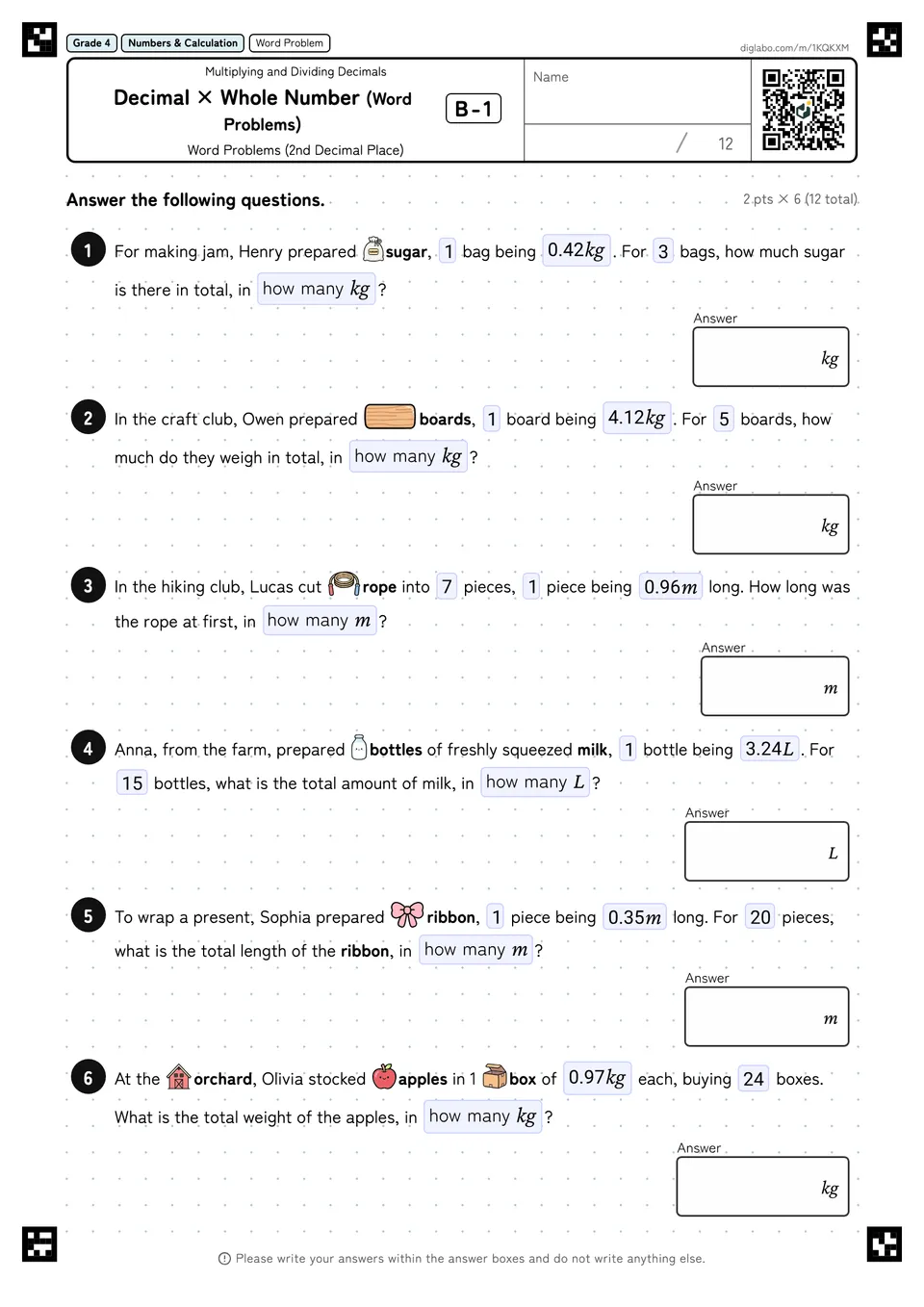 Grade 4 (Elementary School) Multiplying and Dividing Decimals Decimal × Whole Number (Word Problems)