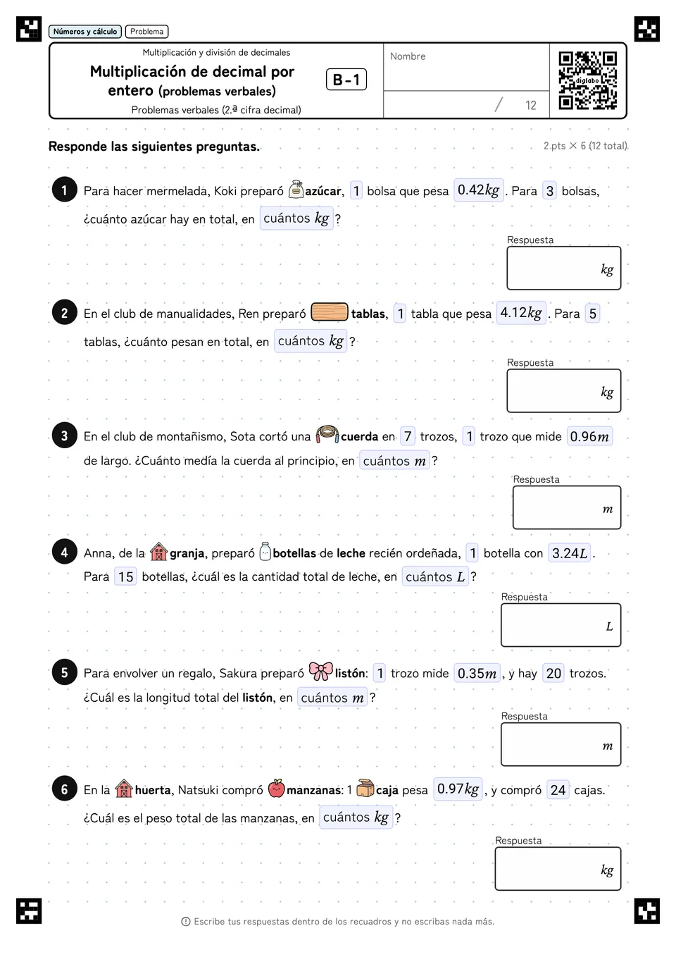 Multiplicación de decimal por entero (problemas verbales) B-1