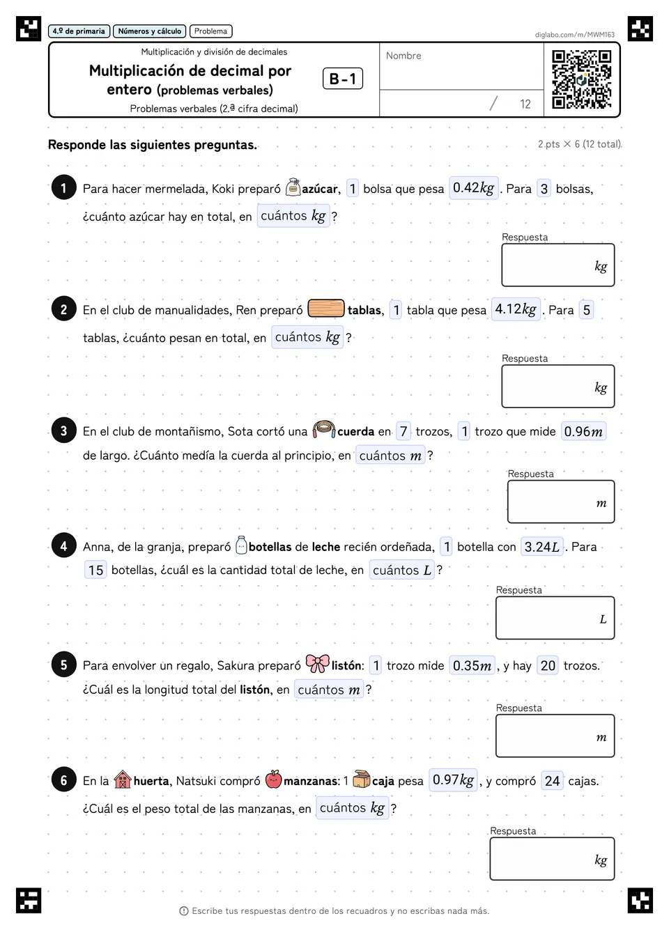 4.º de primaria Multiplicación y división de decimales Multiplicación de decimal por entero (problemas verbales)
