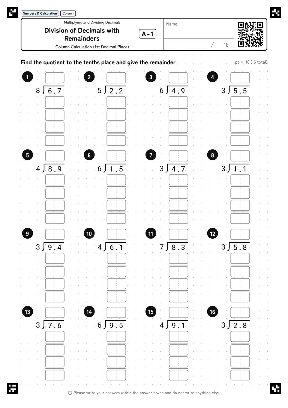 Division of Decimals with Remainders A-1