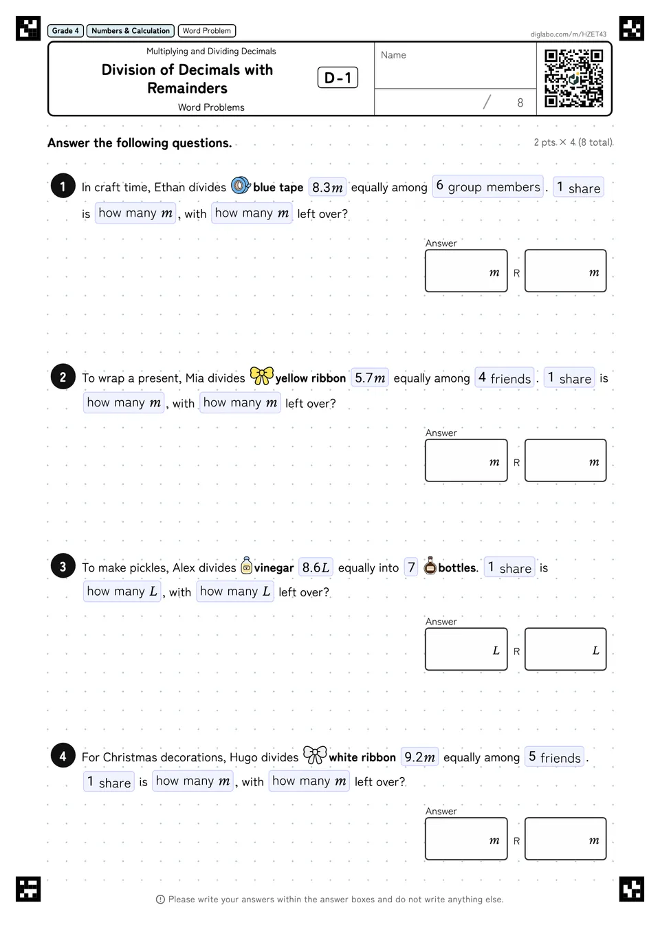 Grade 4 (Elementary School) Multiplying and Dividing Decimals Division of Decimals with Remainders