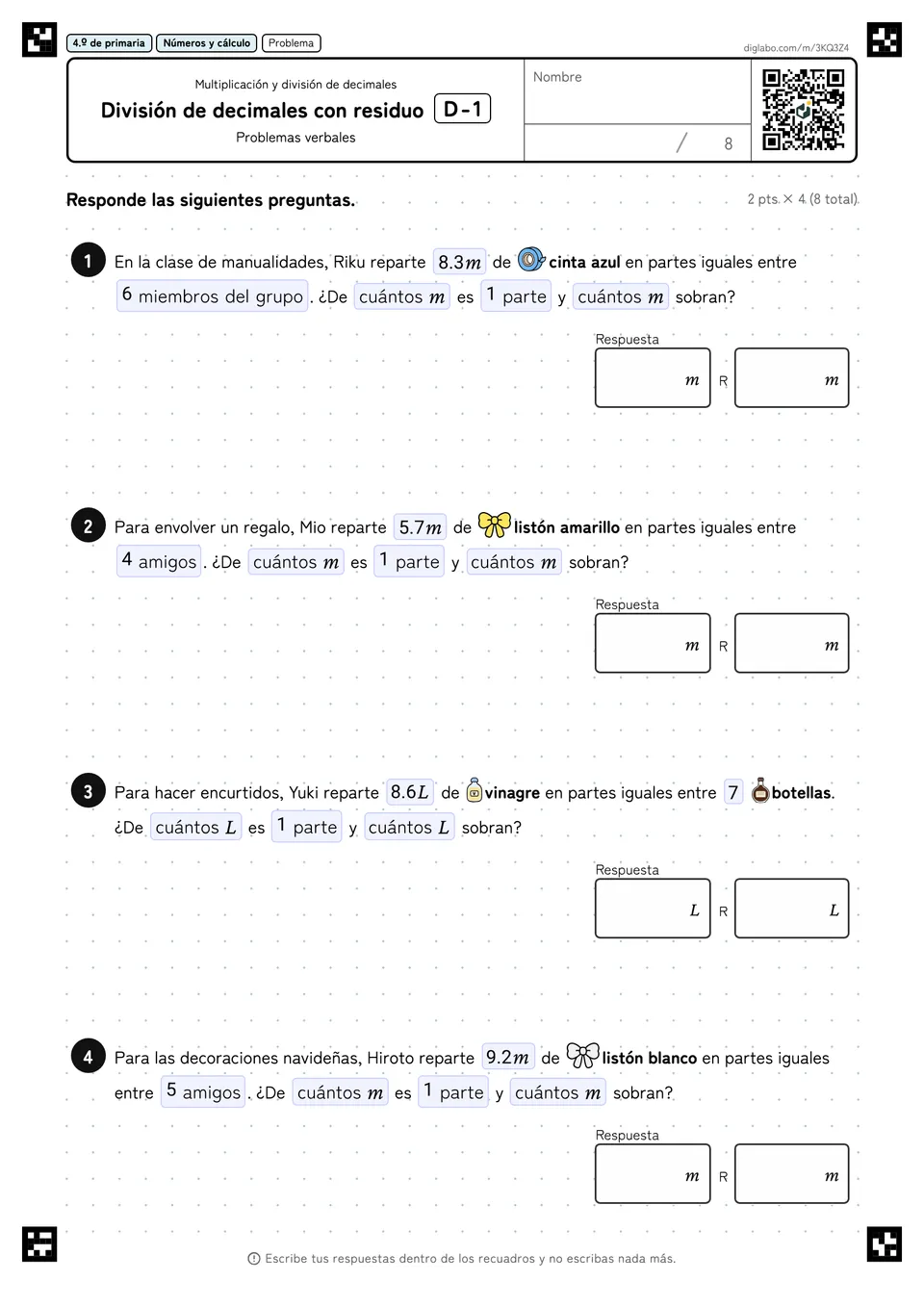 4.º de primaria Multiplicación y división de decimales División de decimales con residuo