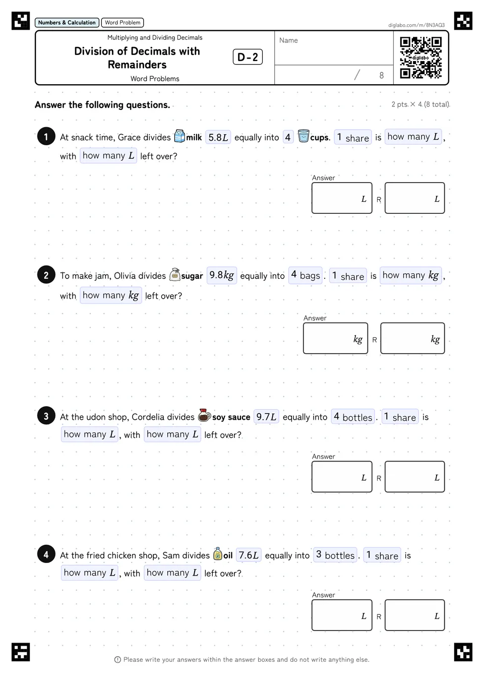 Division of Decimals with Remainders D-2