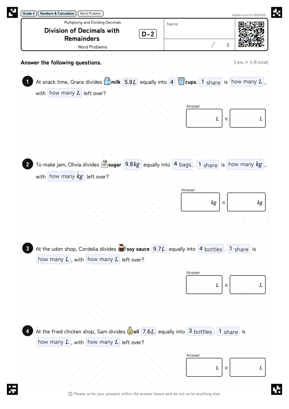 Grade 4 (Elementary School) Multiplying and Dividing Decimals Division of Decimals with Remainders