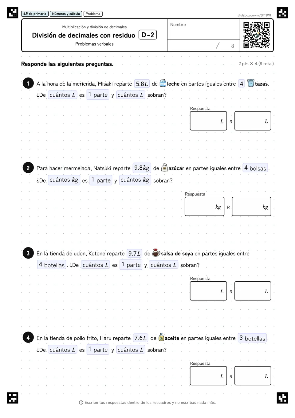 4.º de primaria Multiplicación y división de decimales División de decimales con residuo