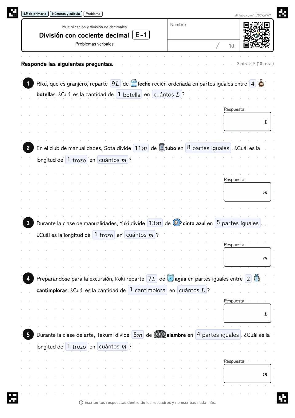 4.º de primaria Multiplicación y división de decimales División con cociente decimal